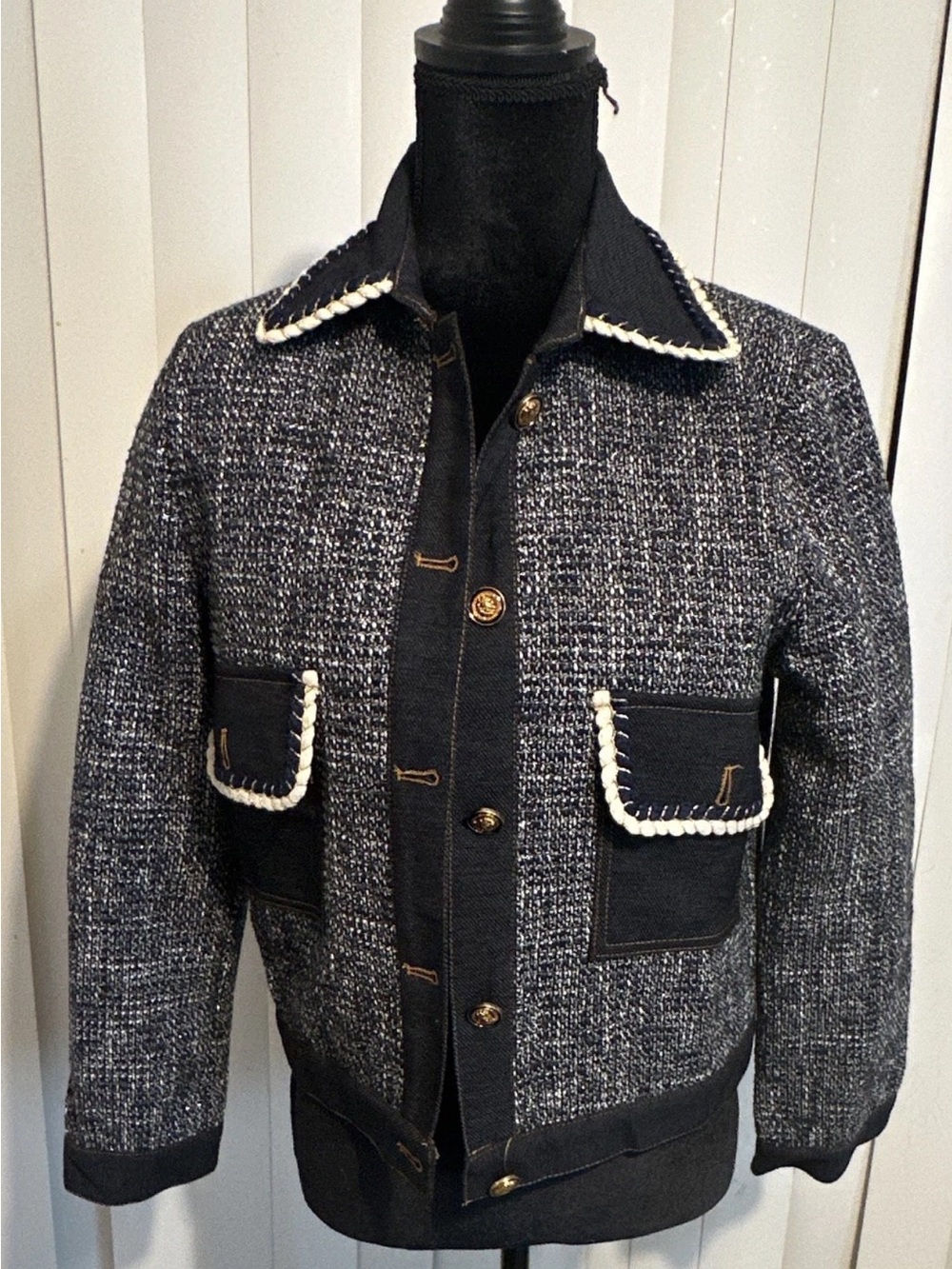 Women's Navy Tweed Cardigan Jacket with Cream Braid Trim